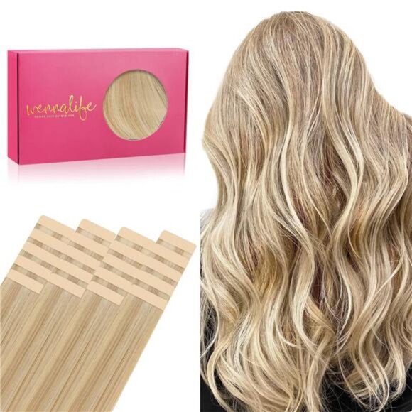 WENNALIFE Tape in Hair Extensions Human Hair, 20pcs 50g 14 inch Light Blonde - Picture 1 of 6
